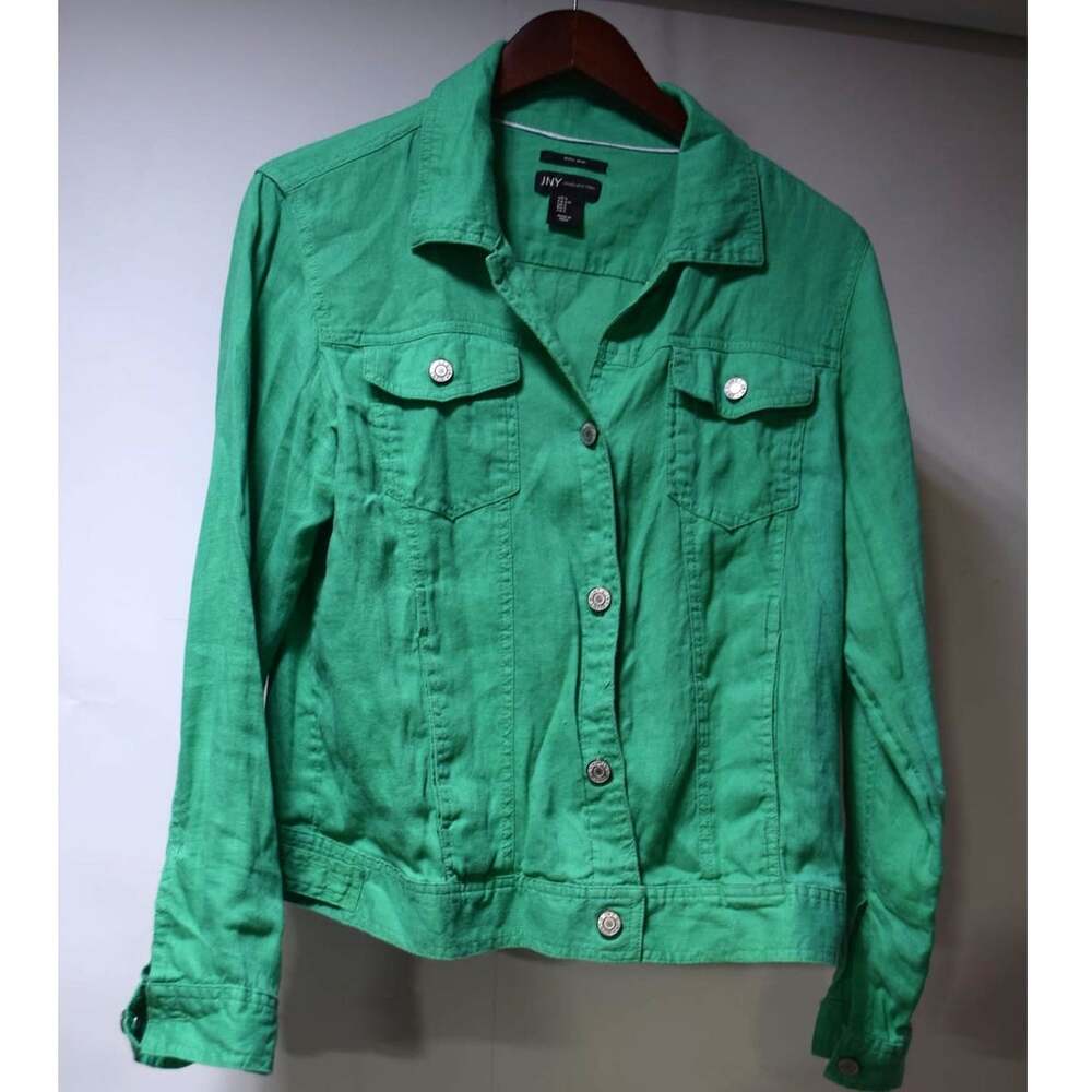 Jones New York Green 100% Linen Trucker Jacket Button Front Womens Large